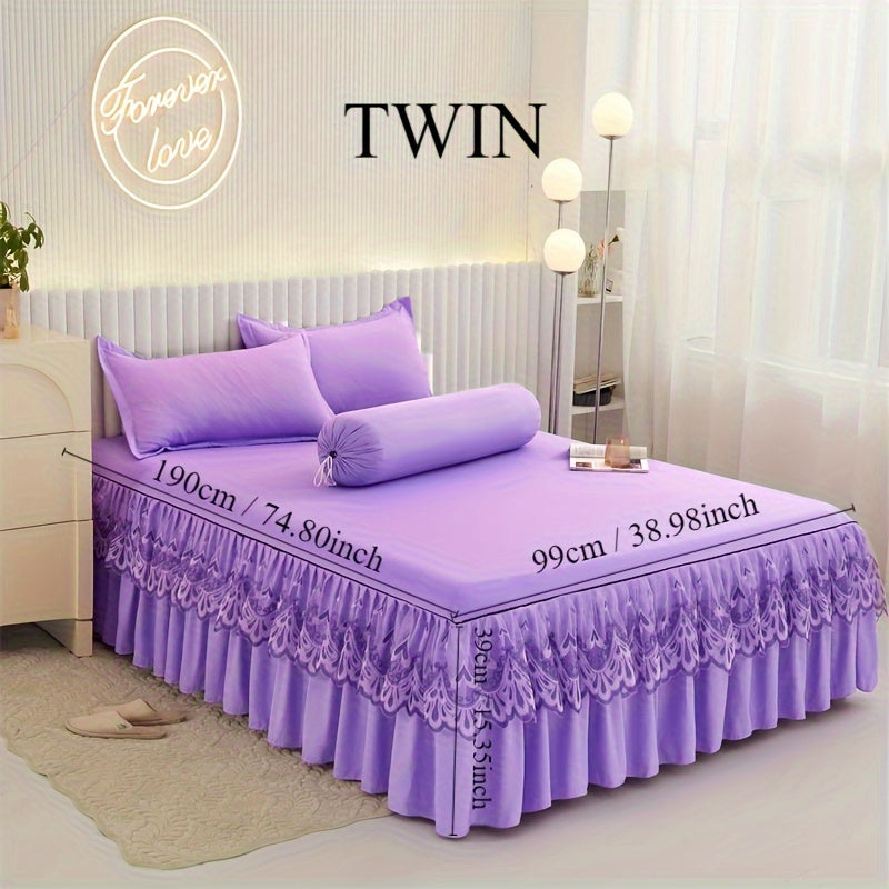 Chic 3-Piece Bed Skirt Set Featuring Double Layer Lace - Comes with 1 Bed Skirt and 2 Pillowcases, in a Solid Color. Non-Slip and Perfect for All Seasons, this Set is Machine Washable for easy care.