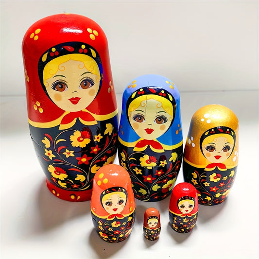 Colorful Russian Matryoshka nesting dolls, handmade wooden set, ideal for gifts and decor for any occasion.