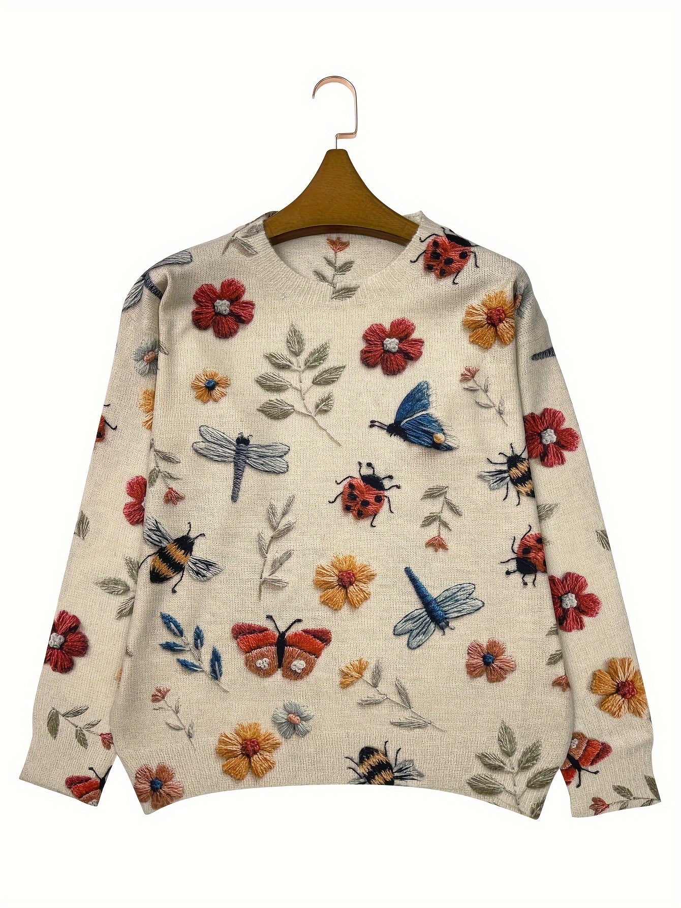 Casual lightweight women's sweater with 3D insect print, round neck, and long sleeves.