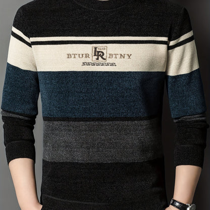 Men's winter crew neck sweater with striped design, thick polyester material, casual round neck, regular fit, long sleeves, ribbed hem and cuffs, fashionable letter pattern, provides winter