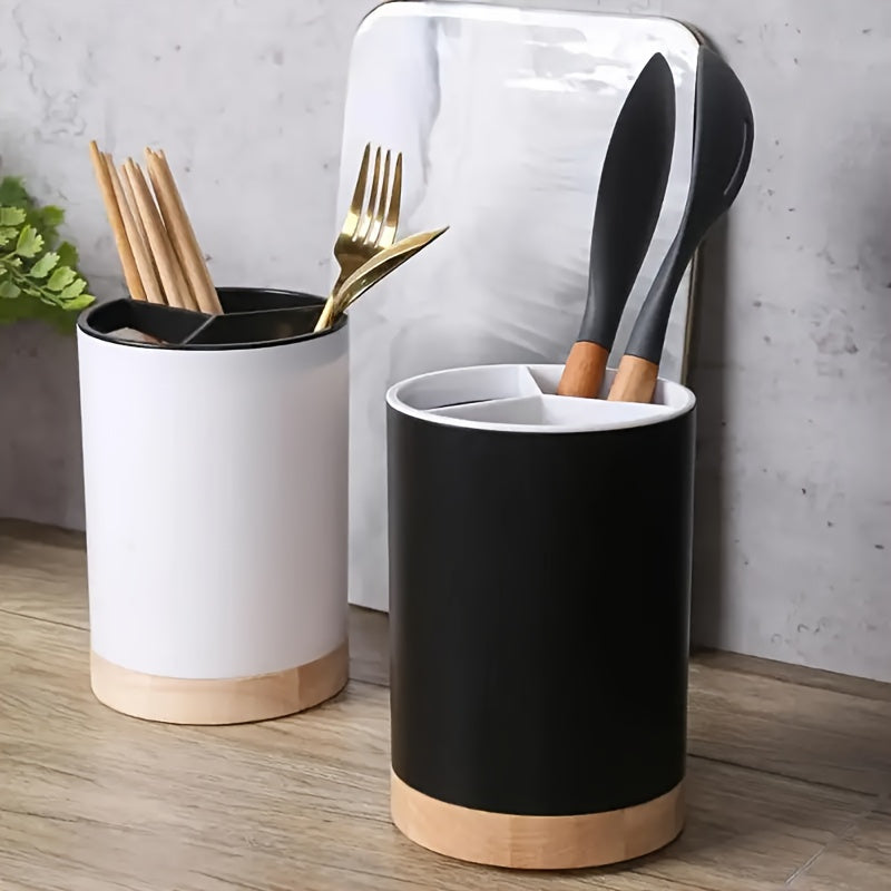 Durable 3-Compartment Plastic Kitchen Utensil Holder with Removable Dividers - Organize Spoons, Chopsticks, and Forks in Multi-Functional Flatware Caddy