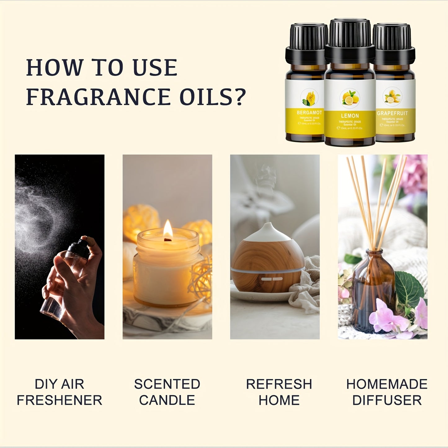 1 Set of Aromatherapy Essential Oils: Bergamot, Grapefruit, and Lemon scents, for diffusers, humidifiers, and car aromatherapy. Mood-lifting, under 1L liquid quantity, with active lemon