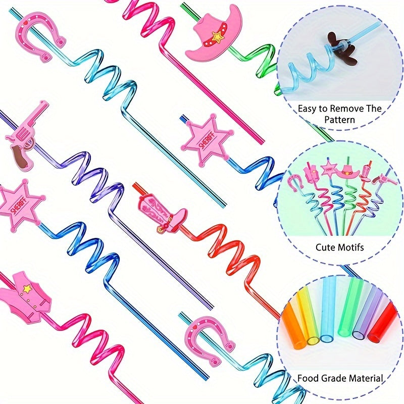 24 розовых пластиковых соломинки для питья, украшенные темой «Девушка-ковбой» для вечеринок по случаю дня рождения, празднования рождения ребенка и родео