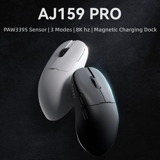 AJ159PRO O'yin sichqonchasi 8KHz PAW3395 sensor bilan, 3 rejim, magnit zaryadlash docki, 26K DPI, 56g yengil, ikkala qo'lga ham mos dizayn, Windows 10 uchun.