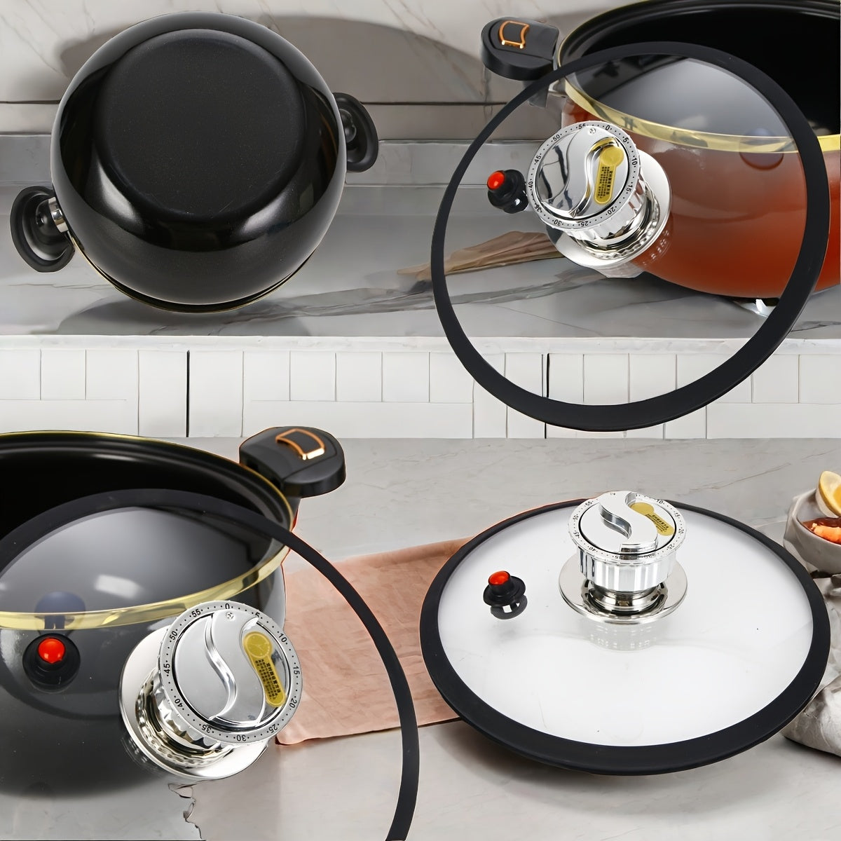 Premium Enamel Pressure Cooker features an elegant black and red design with golden accents, has a 236.73oz capacity. It comes with an automatic 60-minute countdown lid and is sealed for efficient stewing. Compatible with various stovetops.