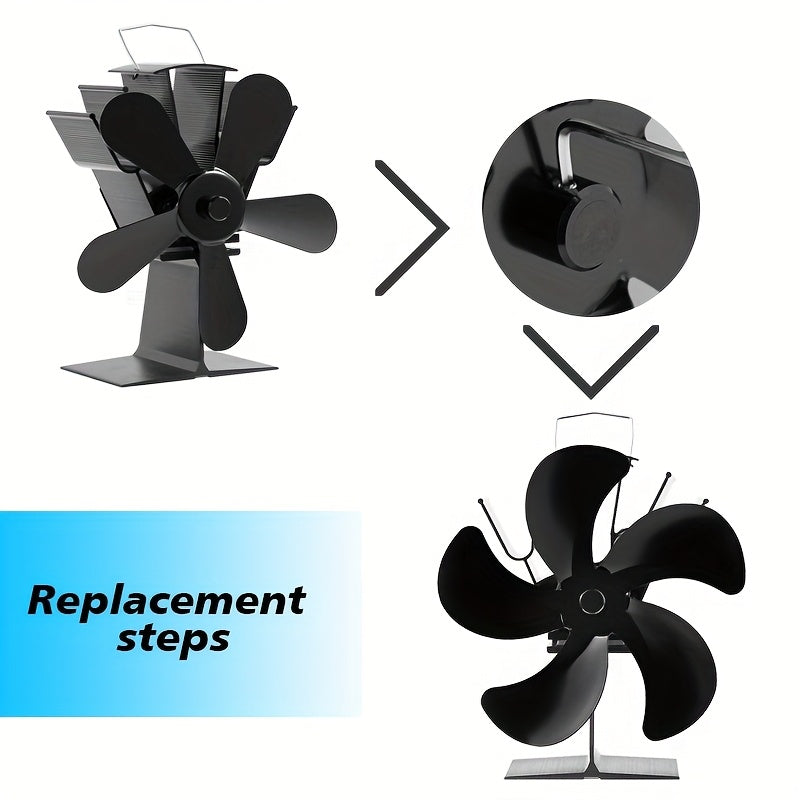 Replacement blades made of heat-driven aluminum alloy for a 5-blade stove fan, designed for wood burning fireplaces. These accessories are compatible with the fan to keep it running efficiently.