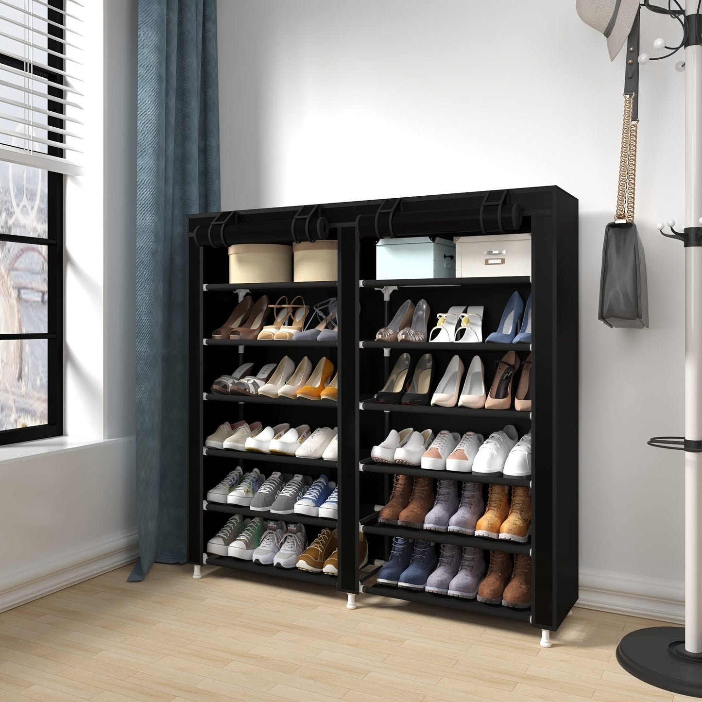 Get organized with this 12-layer shoe rack, perfect for any space in your home. Easy to assemble and free-standing, it provides ample storage for all your shoes while saving valuable space in your entryway, hallway, bedroom, or dorm room.