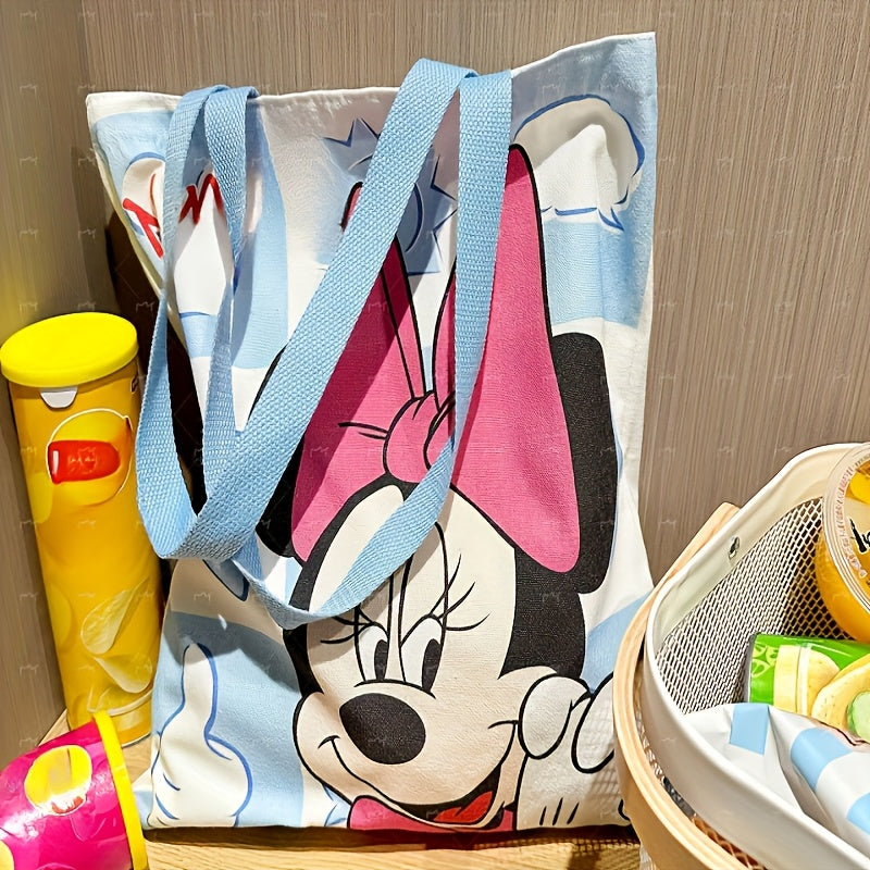 Large capacity Mickey & Minnie Mouse canvas tote bag, featuring an airtight design and rectangle shape. This fashionable shoulder bag for women is perfect for shopping with its fun cartoon print. Ideal for Christmas, Thanksgiving, Valentine's Day, or