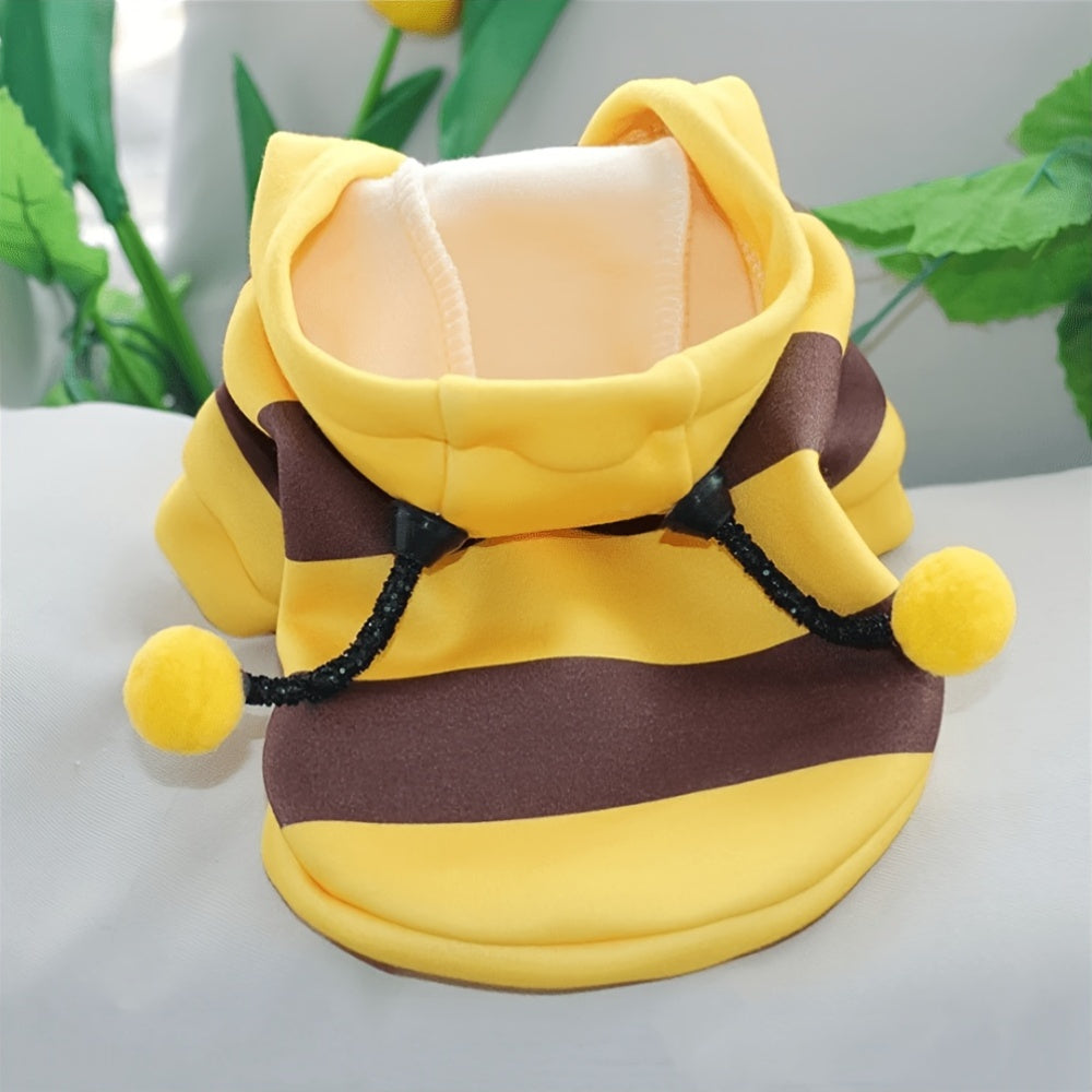 Bee costume hoodie for small to medium pets, suitable for cats and dogs under 8kg. Made from 100% polyester with a cute bee design.