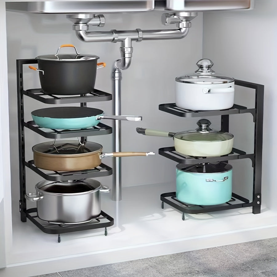 Height adjustable pot racks, stainless steel sink under pot and pan storage, multi-layer cabinet shelves, dining room kitchen storage tables.