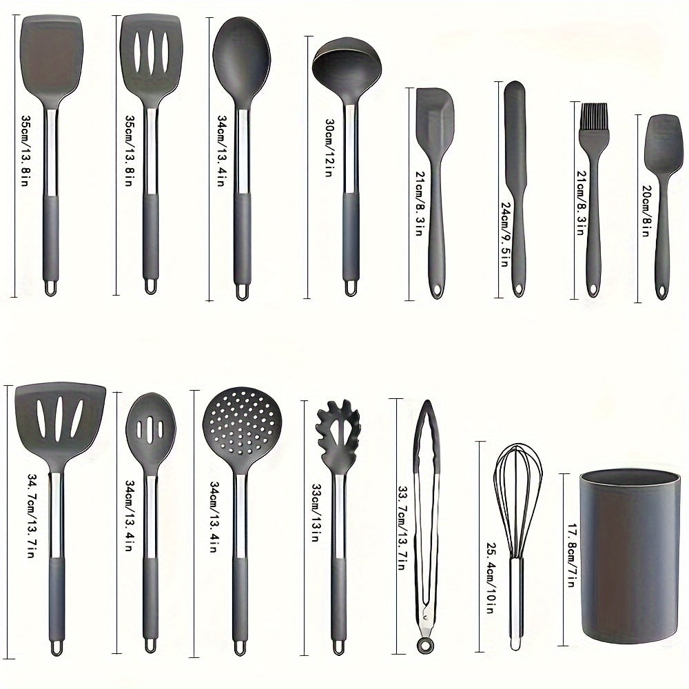 Top Pick: 15-Piece Silicone Kitchen Utensil Set with Stainless Steel Handles - Includes Slotted Spatula, Turner, Tong, Whisk, Brush, Holder, and More - Ideal for Cooking and Kitchen Tools