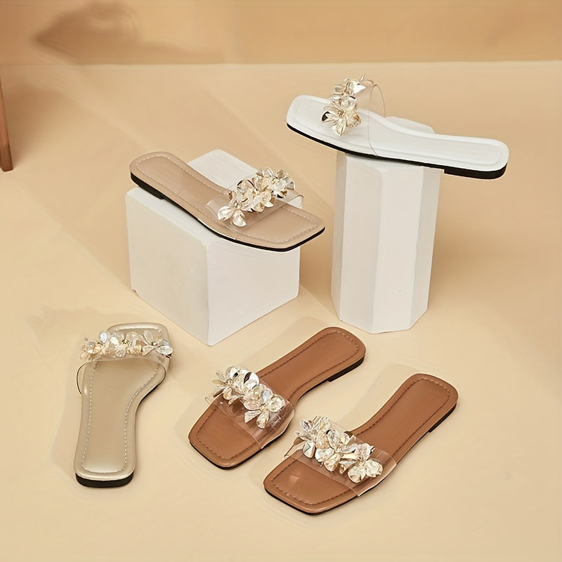 Women's Rhinestone Floral Sandals with Slip-On Transparent Band and Square Toe Flat Soft-Sole.