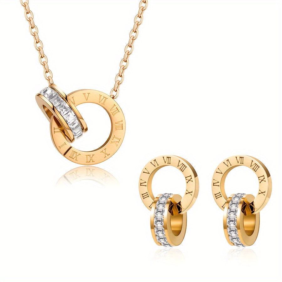 Stylish Roman Numeral Jewelry Set in 18K Gold Plated Tone: Necklace and Earrings Included, Ideal for Daily Wear or Gifting on Any Special Occasion