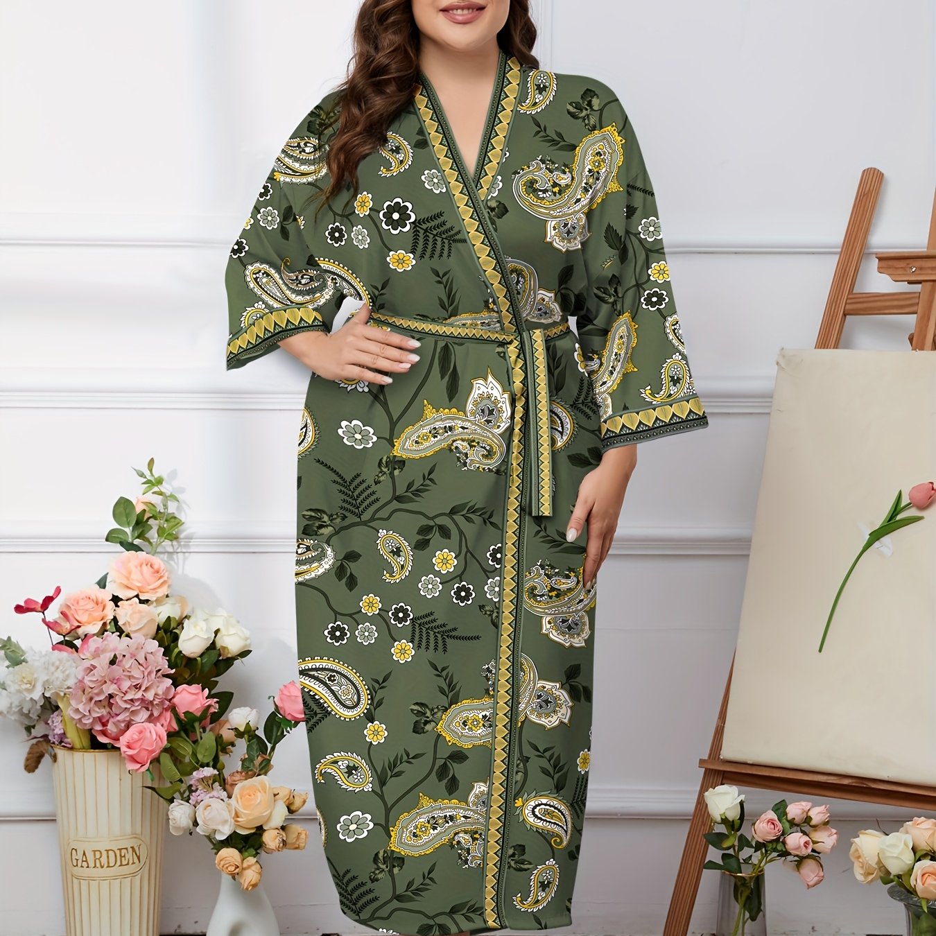 Boho Chic Plus Size Women's Long Robe with Full Print, V-Neck, Tie Waist - Ideal for Spring/Summer/Fall