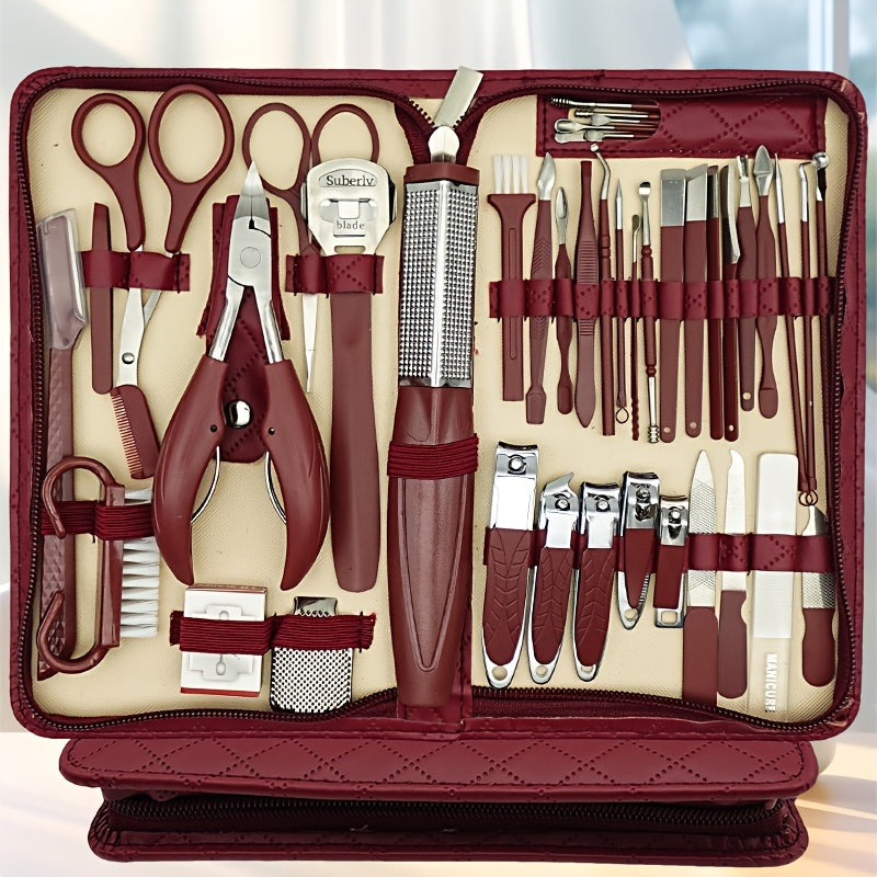 42-piece stainless steel nail clipper set with zipper case featuring diamond pattern design, including large eagle mouth pliers, pedicure knife, ear scoop, and eyebrow trimmer.