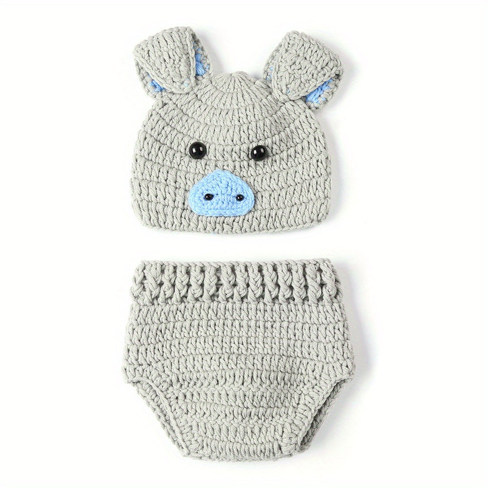 Cute handmade infant baby photography props - featuring adorable pigs hat and shorts suit outfit in a 2-piece set!