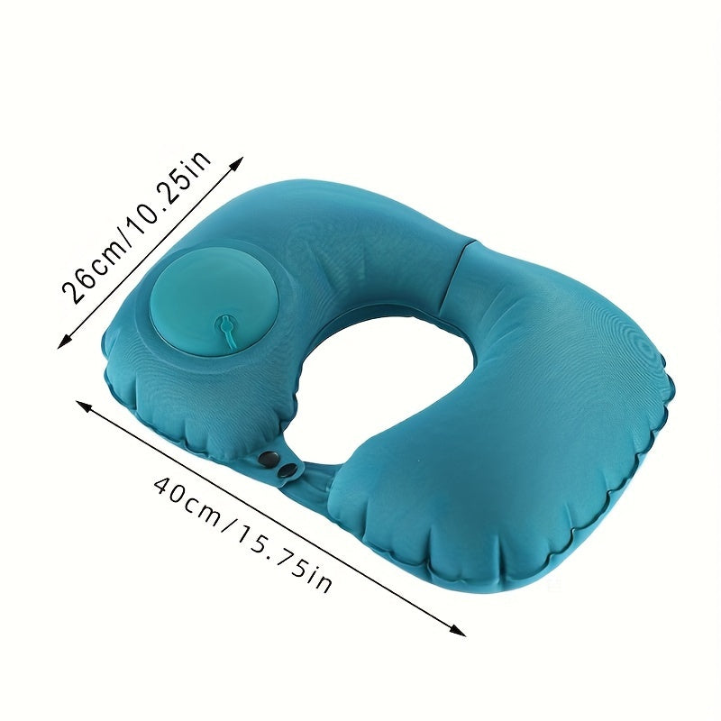 Soft and portable U-shaped inflatable pillow designed for comfortable sleeping while traveling on airplanes, trains, or in the office