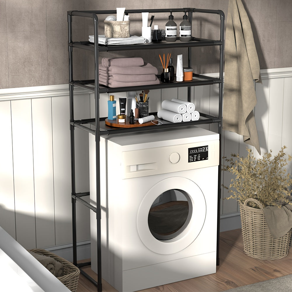 Space-saving metal and plastic laundry shelf designed for the top of washing machines. No-drill installation required. Can also be used as a free-standing bathroom or balcony organizer. Perfect for drying clothes without the need for electricity. Keep