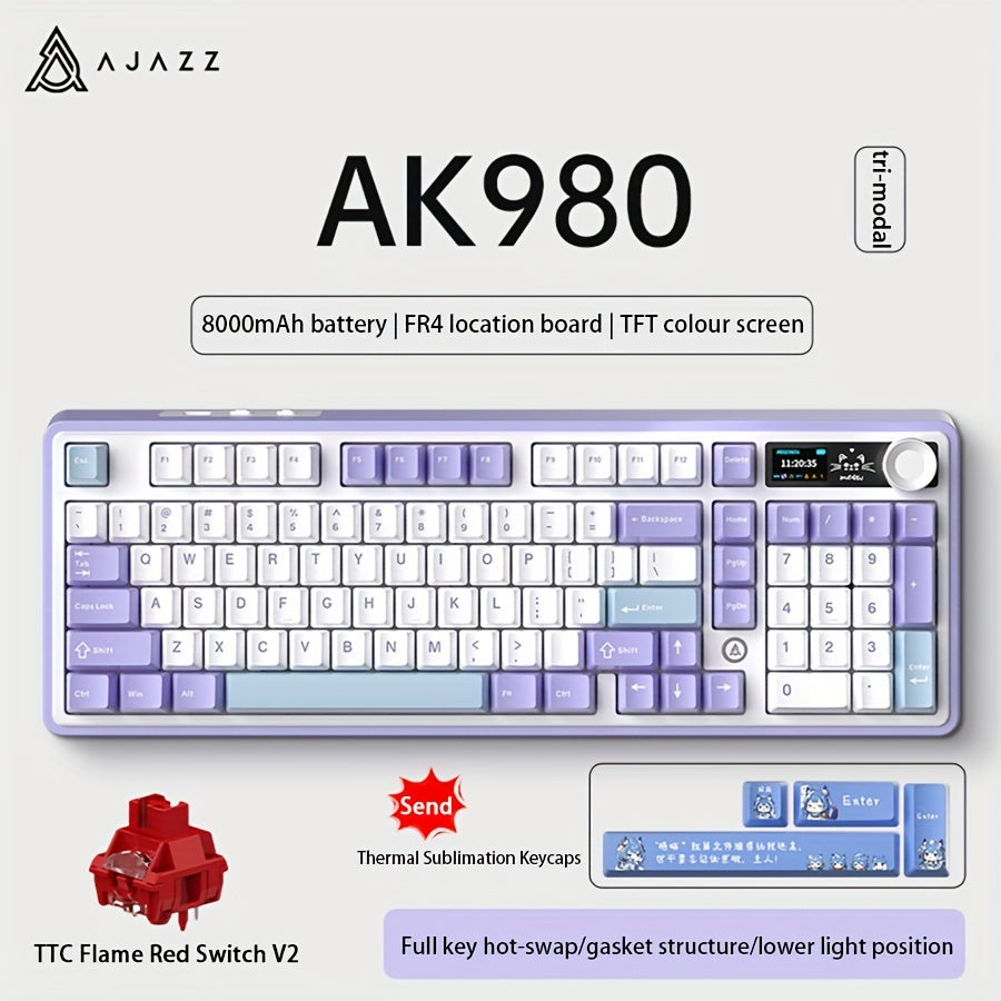 AJAZZ AK980 98-клавишная RGB механическая игровая клавиатура с беспроводным подключением 2.4G/5G, регулятором громкости, TFT цветным дисплеем, FR4 позиционной платой, конструкцией GASKET, полностью заменяемыми клавишами, аккумулятором на 8000 мАч.