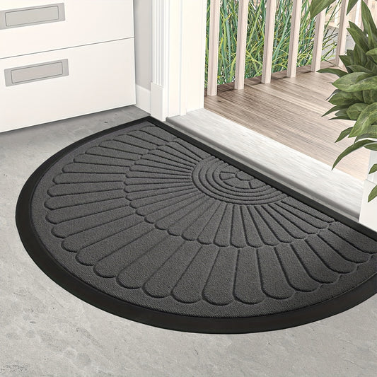 Half circle doormat made of polyester material. Can be used indoors or outdoors. Hand wash only. Ideal for entryway, balcony, patio, garage, and office. Dust-proof and anti-slip.