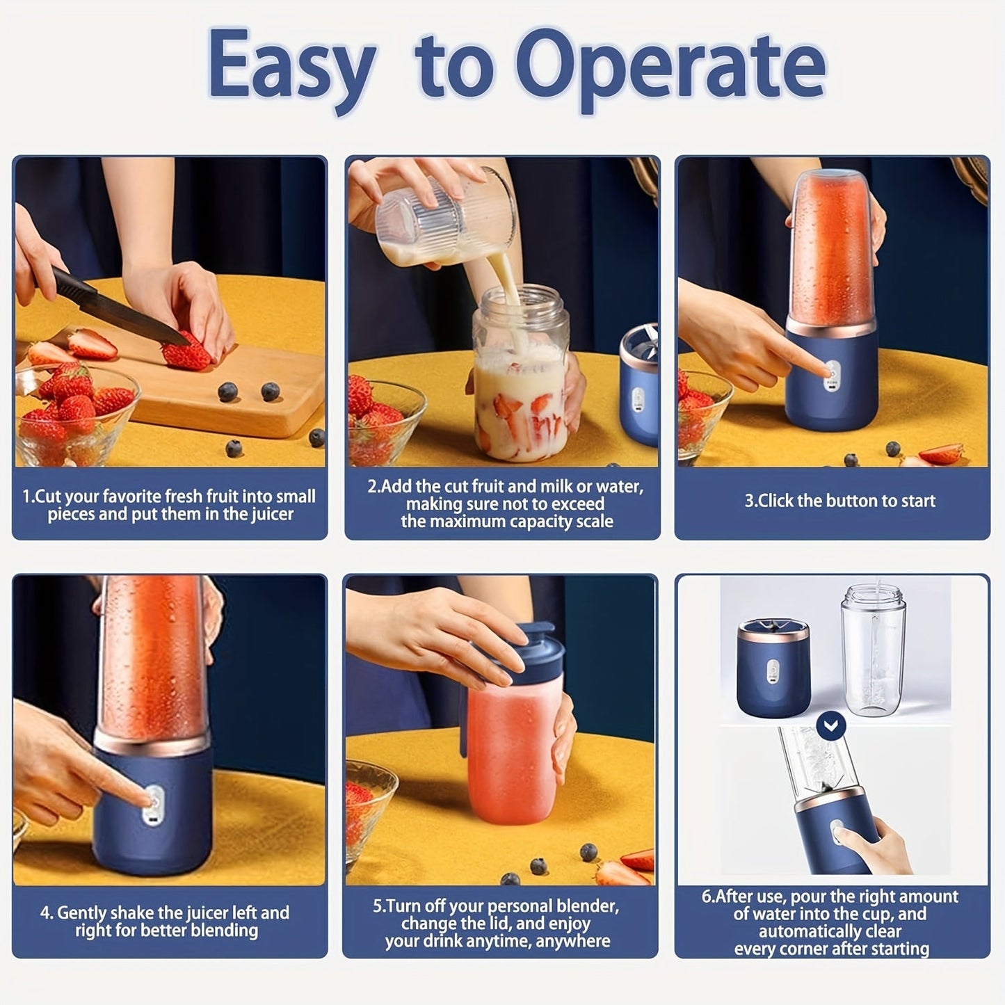 This portable blender is great for making smoothies and shakes on-the-go! It's rechargeable via USB, has 6 sharp blades for easy blending, and is lightweight at only 430g. Ideal for use in the kitchen, at home, or while traveling.