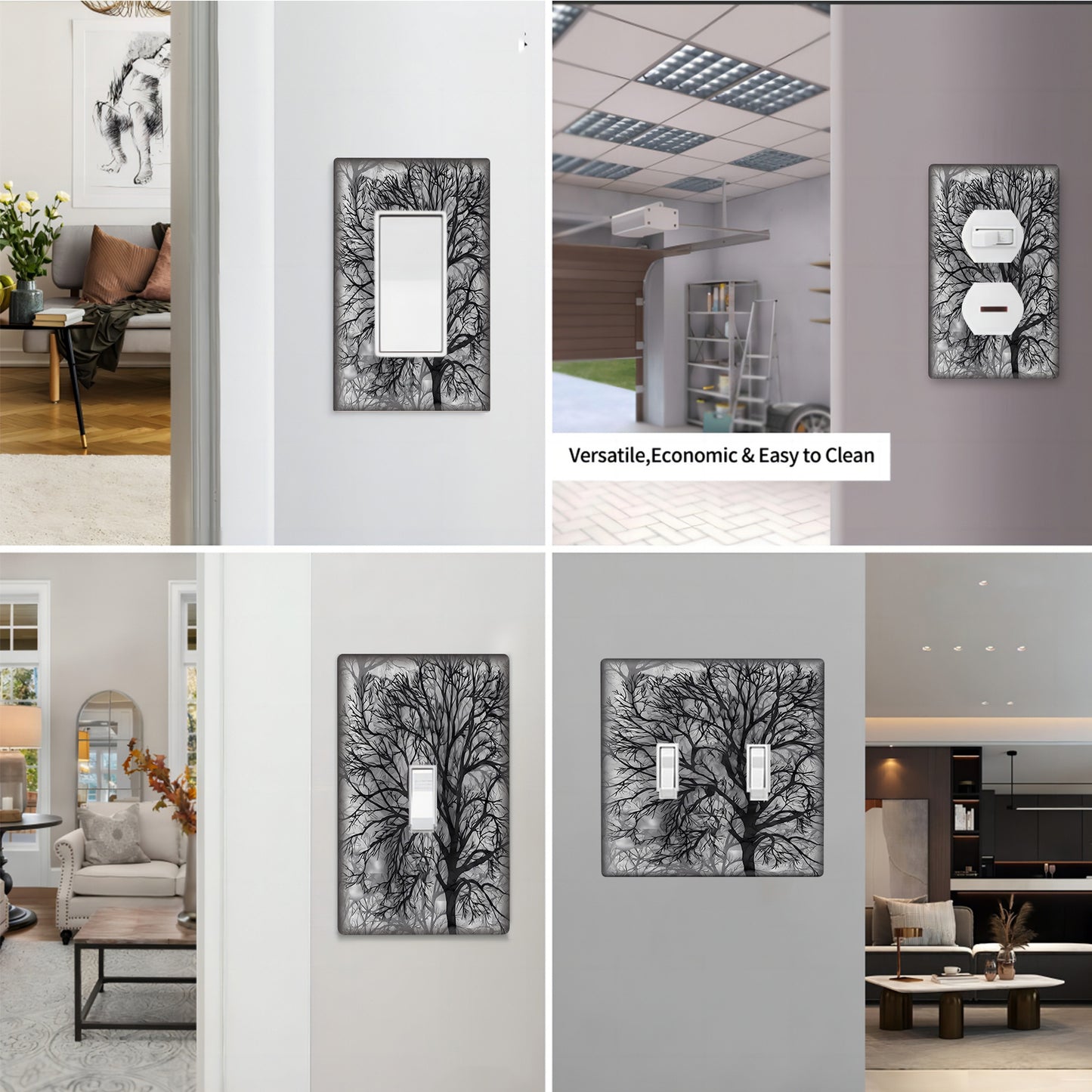 Modern tree design switch plate cover in black & grey for 1 or 2 gang wall plate. Ideal for home decor in bedrooms and kitchens. Comes in a pack of 1.