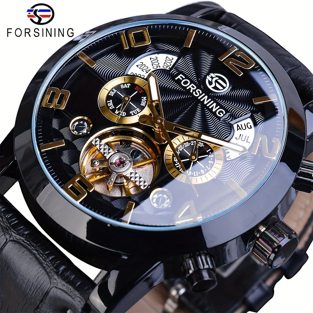 Exquisite Tourbillon Fashion Men's Automatic Mechanical Watch with Stunning Wave Design in Black and Gold, Featuring Multifunction Dial Display on Wristwatch