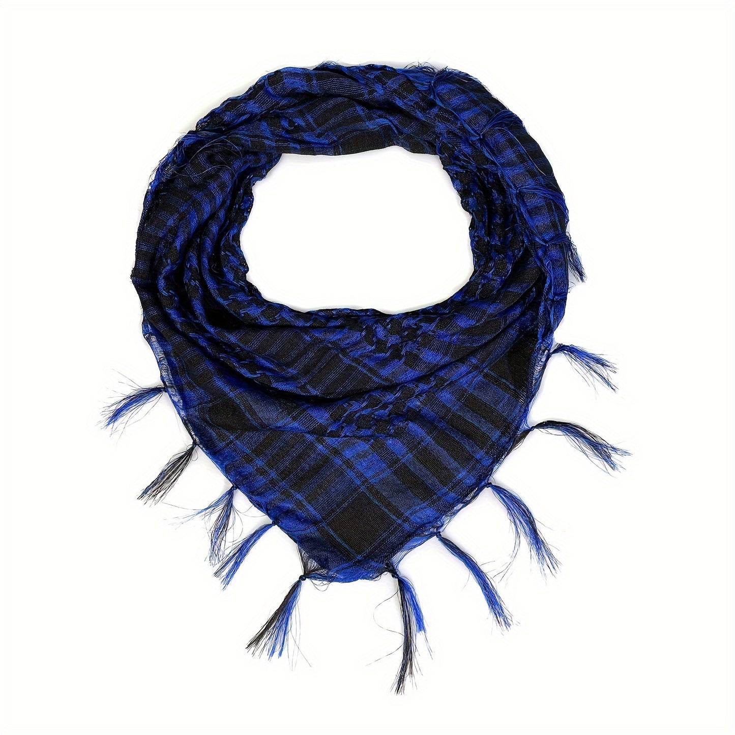 Lightweight Tactical Plaid Scarf - Windproof, Sand-Proof, All-Season Polyester Neck Warmer with Fringe Detail.