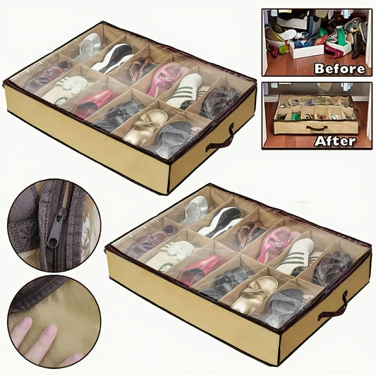 12-compartment shoe organizer with space-saving design - features a dustproof and moisture-resistant transparent non-woven fabric storage box with lid that is foldable and ideal for under bed storage.