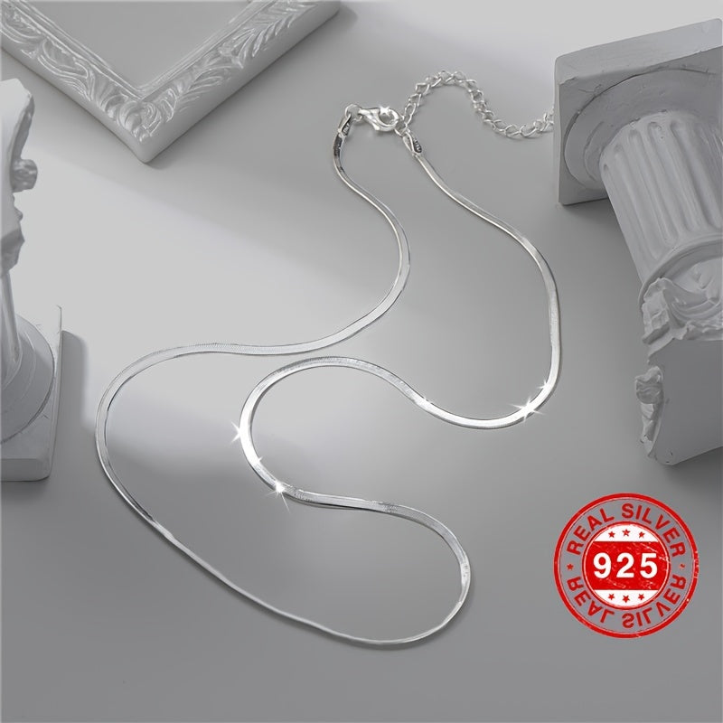 Hypoallergenic S925 Sterling Silver Flat Snake Bone Chain with Cold Style Blade Design, Silvery Necklace for Women. Light Luxury High-grade Clavicle Chain weighing 3.6g