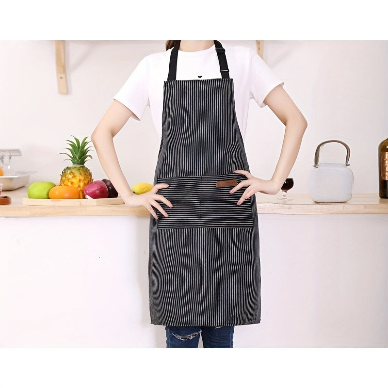 One or two adjustable aprons in a stylish black and white striped design, featuring a convenient pocket for both women and men in the home kitchen. Perfect for cooking, these chef aprons are essential kitchen supplies.