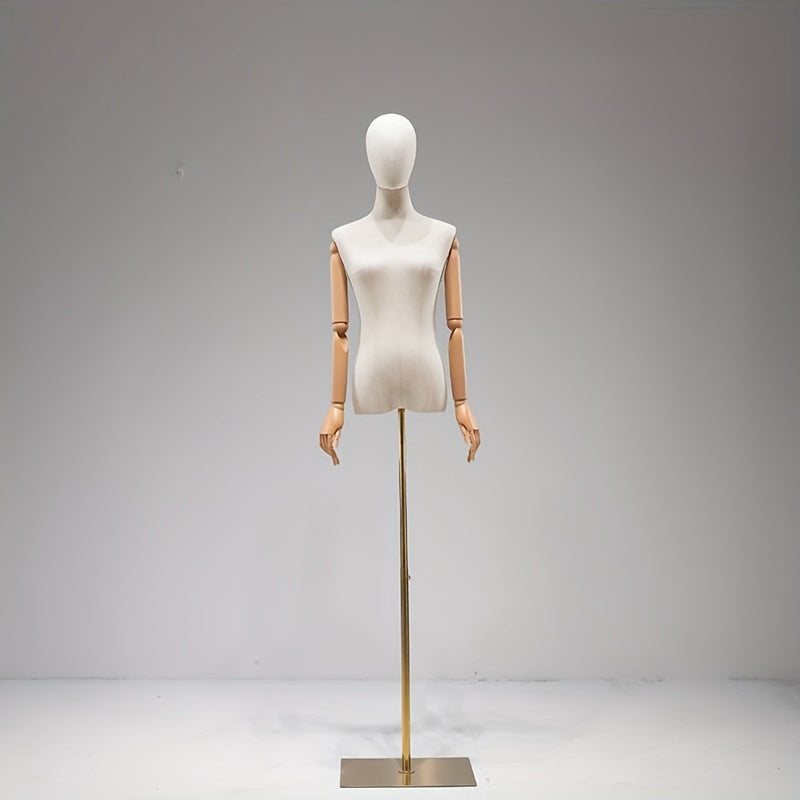 White mannequin with iron base, full body dress form with plastic arms - perfect for clothing display and wedding dress showcase.