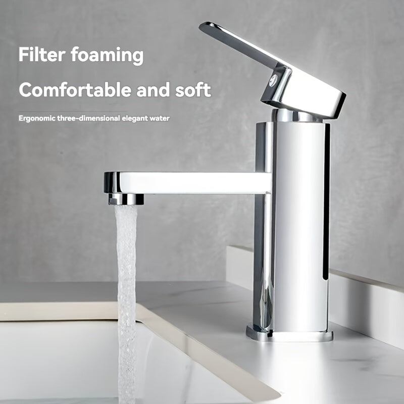 Stylish square faucet featuring an electroplated finish, perfect for basin hot and cold water control. This single-hole bathroom sink tap is ideal for washing hands and face effectively.