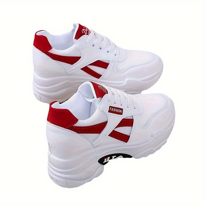 Women's Casual Dad Sneakers - White with Red Accents, Thick 8cm Sole, Lace-Up, Versatile Height Increase Shoes, Chunky Sole, Durable Rubber Sole