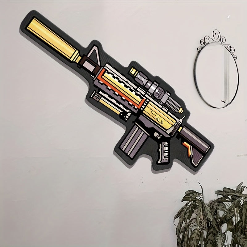 Polyester rug shaped like a cartoon M4A1 rifle; irregular shape, lightweight, non-slip, washable, knit weave, machine-made with rubber backing. Hand wash only, soft and comfortable for living room, bedroom, or bedside use.