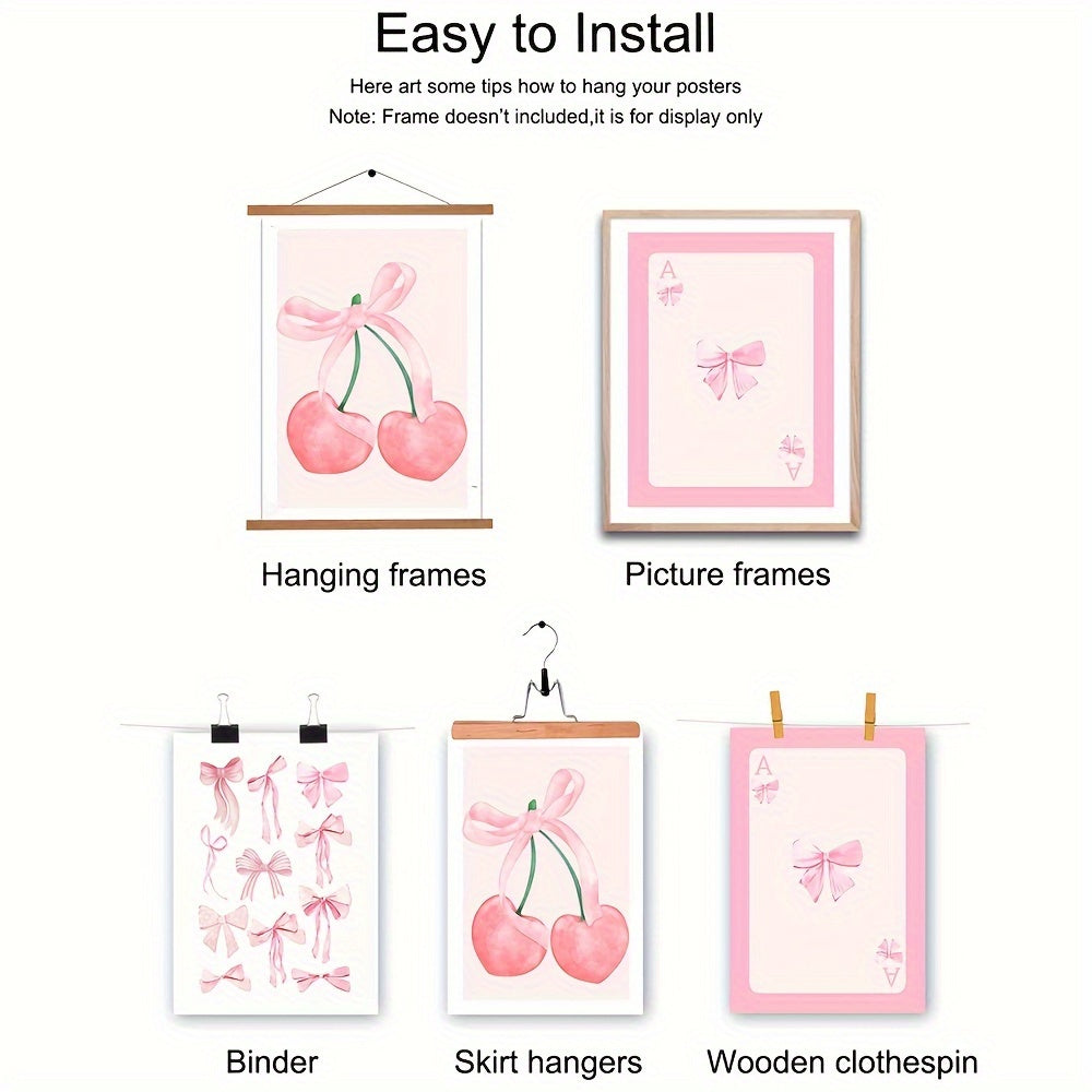 Set of 3 unframed pink cherry bow posters, ideal for home decor in living room, bedroom, girl room, dorm, or college apartment. Great gift idea.