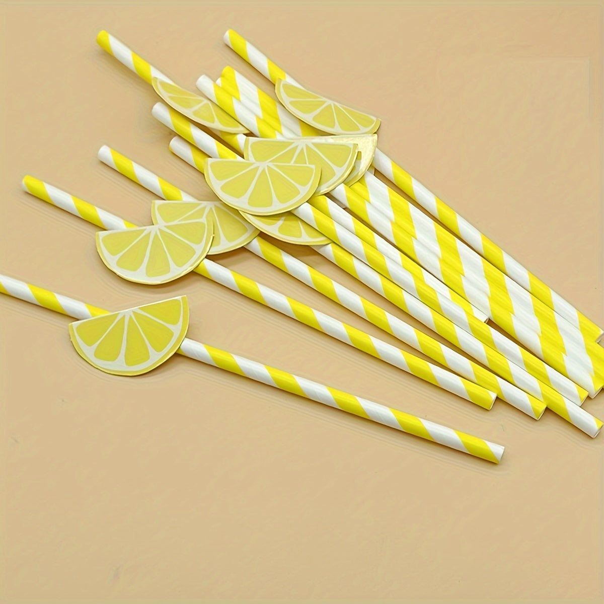 Pack of 10 Lemon Slice Paper Straws, Fun and Eco-Friendly Party Decor, Striped in Yellow and White, Bio-degradable Table Settings