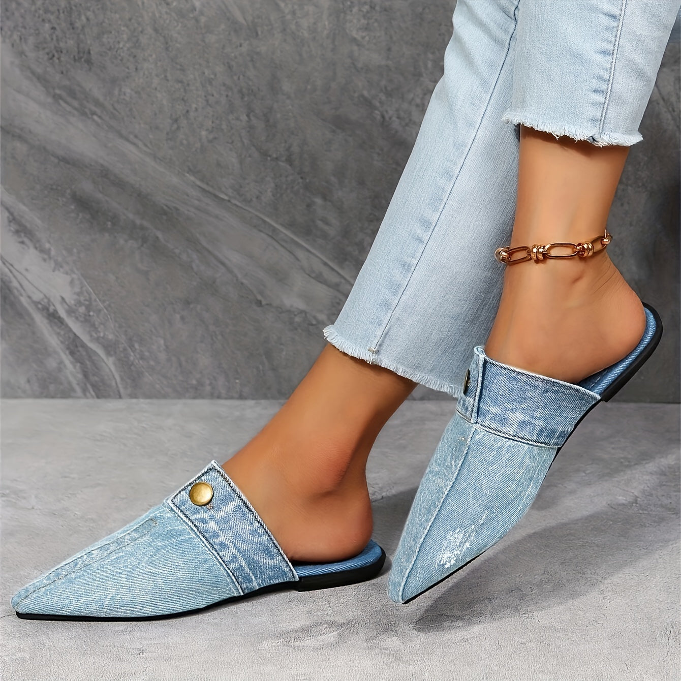 Women's Denim Flat Mules with Pointed Toe for Casual Outdoor Wear