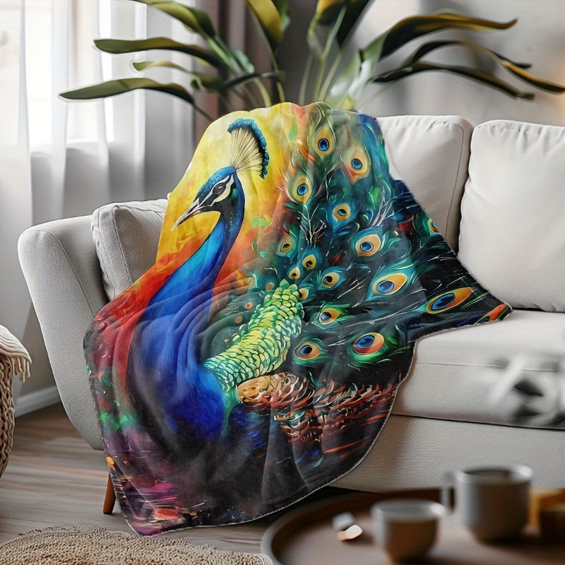 Stay cozy all year round with this versatile Peacock Print Flannel Throw Blanket. Perfect for those with allergies, this hand washable blanket features a stunning woven digital print that can be used in any season. Ideal for adding a touch of style to