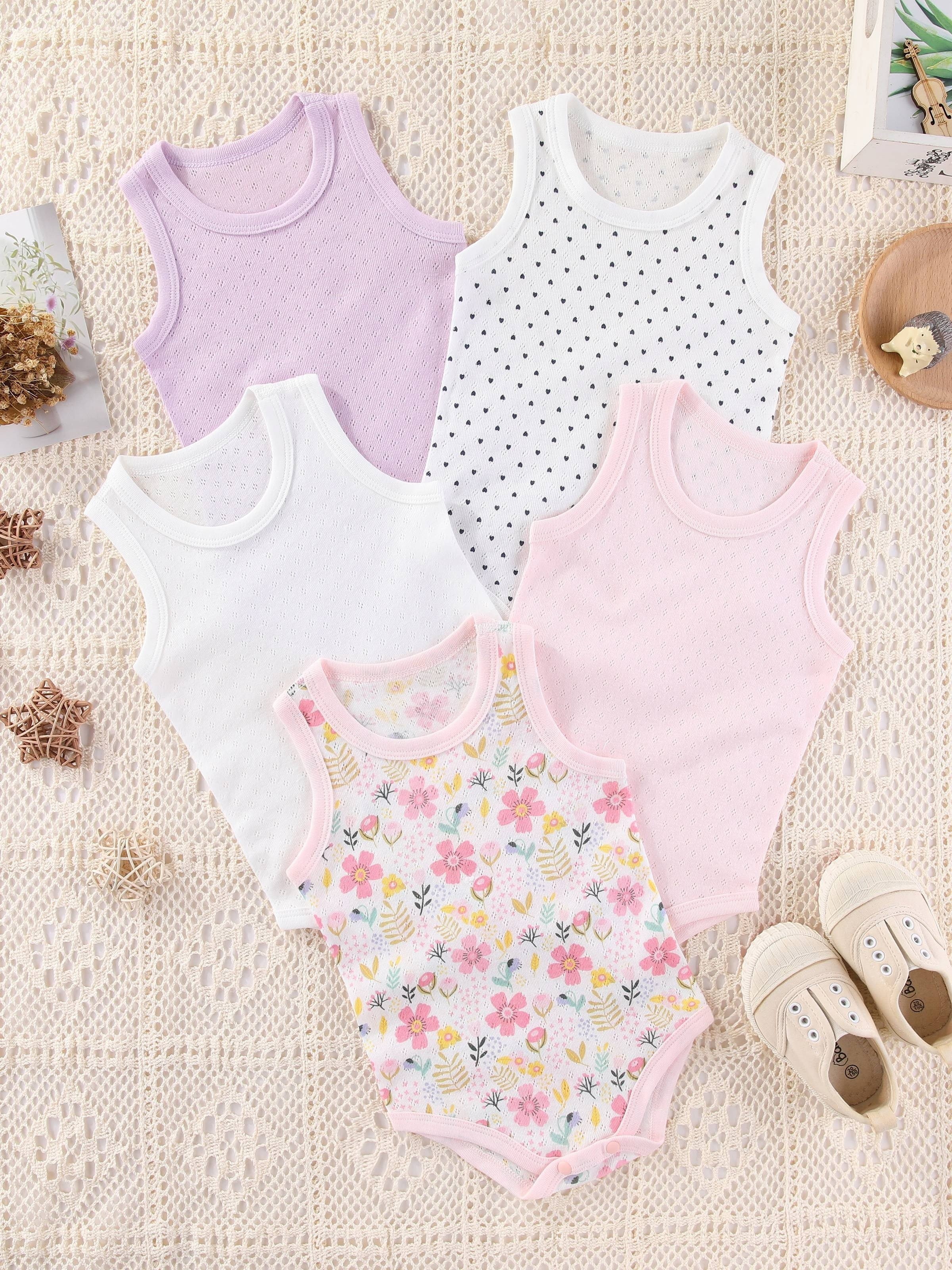 5 adorable floral cotton rompers for baby girls - comfy sleeveless onesies, machine washable.