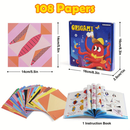 Craft origami paper set includes 108 sheets in 54 colorful patterns with an easy origami book for kids' art projects.