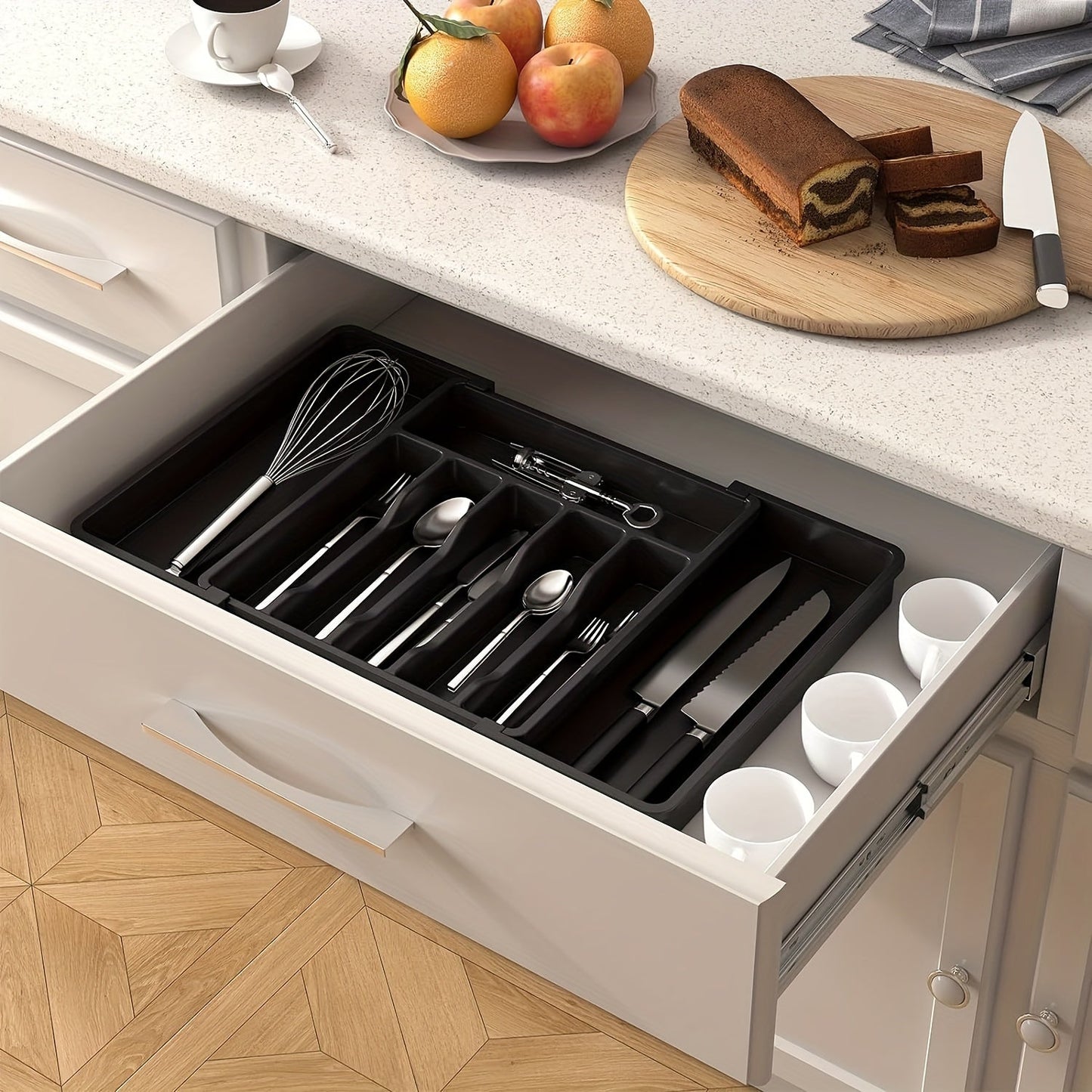 Flatware Organizers with Retractable Cutlery Storage Box - Extendable Large Capacity Utensil Storage Holder for Drawer, Counter, and Cabinet - Kitchen Organizers and Storage Accessories