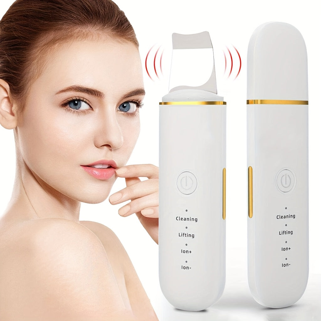 Portable USB rechargeable facial cleanser with 4 adjustable modes for deep pore cleansing and skincare, daily exfoliation, ergonomic design, and intuitive controls for facial skin care.