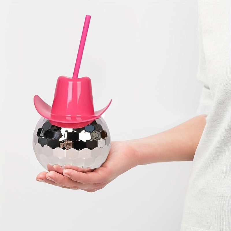 600ml Pink Cowboy Hat Disco Ball Tumbler with Straw - Shiny Electroplated Plastic Cup for Parties & Celebrations