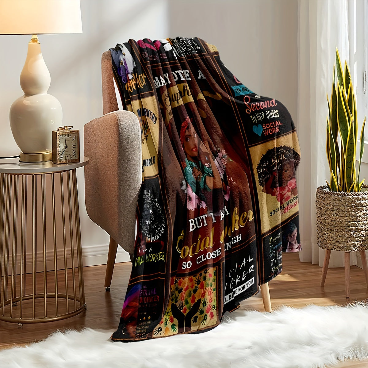 The perfect gift for social workers - a cozy flannel throw blanket with uplifting quotes, ideal for use on the couch, bed, at the office, or while camping.