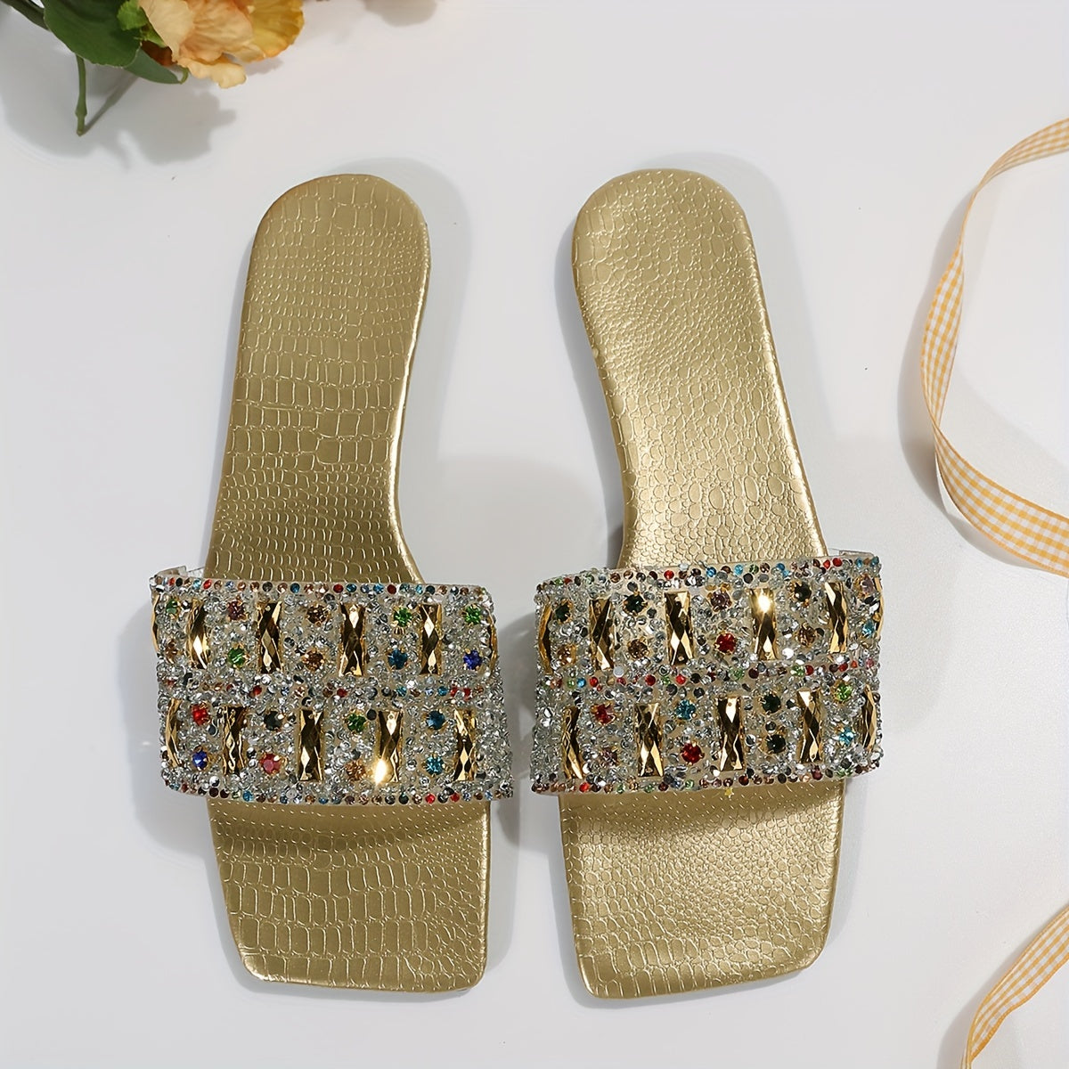 Women's Rhinestone Slide Sandals with Square Toe and Flat Sole