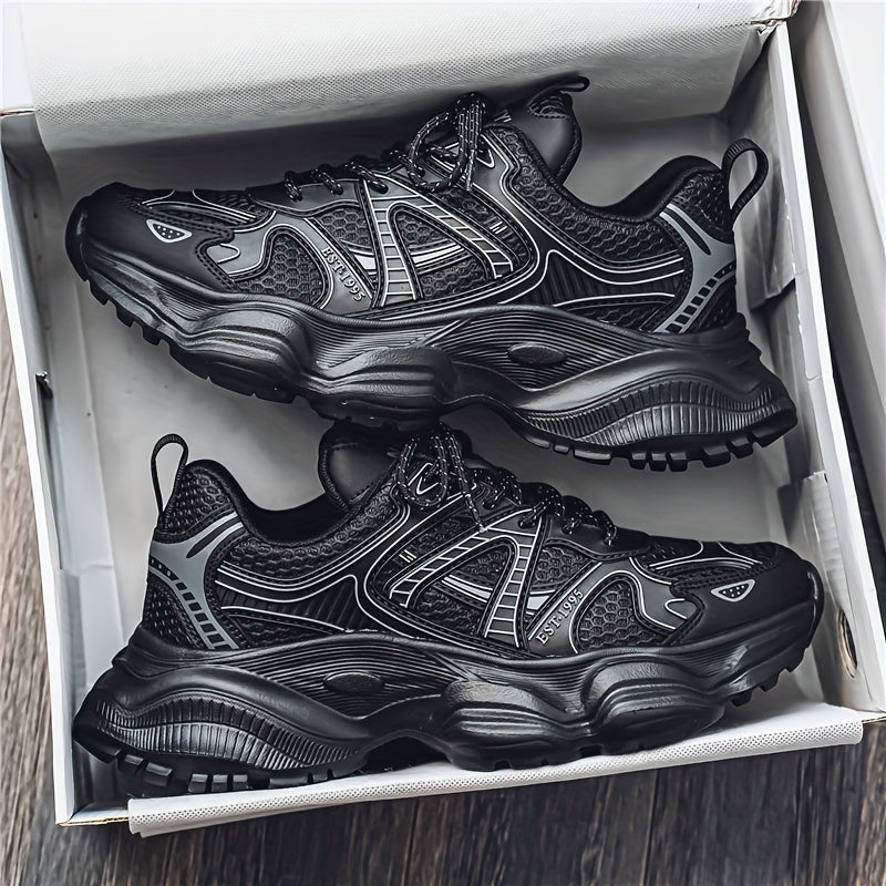 Men's Black Chunky Sneakers with Breathable Mesh, Durable TPU Sole, Shock-Absorbing EVA Insole for Casual and Athletic Wear.