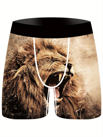 3 Men's Golden Lion Digital Print Boxer Briefs in Stretchy, Breathable Polyester with Elastic Waistband & Vivid Designs for Everyday Comfort