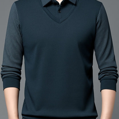 Men's casual long sleeve polo shirt made of polyester and spandex blend with lapel collar, slight stretch striped fabric, and regular fit knit half-placket pullover for spring/fall.