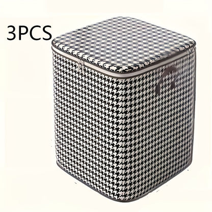 One-third pack of 180.0L extra large houndstooth storage bins made of thickened woven material. Dustproof and moisture-resistant with double zipper and handles. Unscented and no electricity or batteries required.